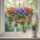 Hanging Basket Flower Acrylic Suncatcher, Stained Glass Style Orange Red Purple Blooms with Green Leaves, Garden Window Decor Gift